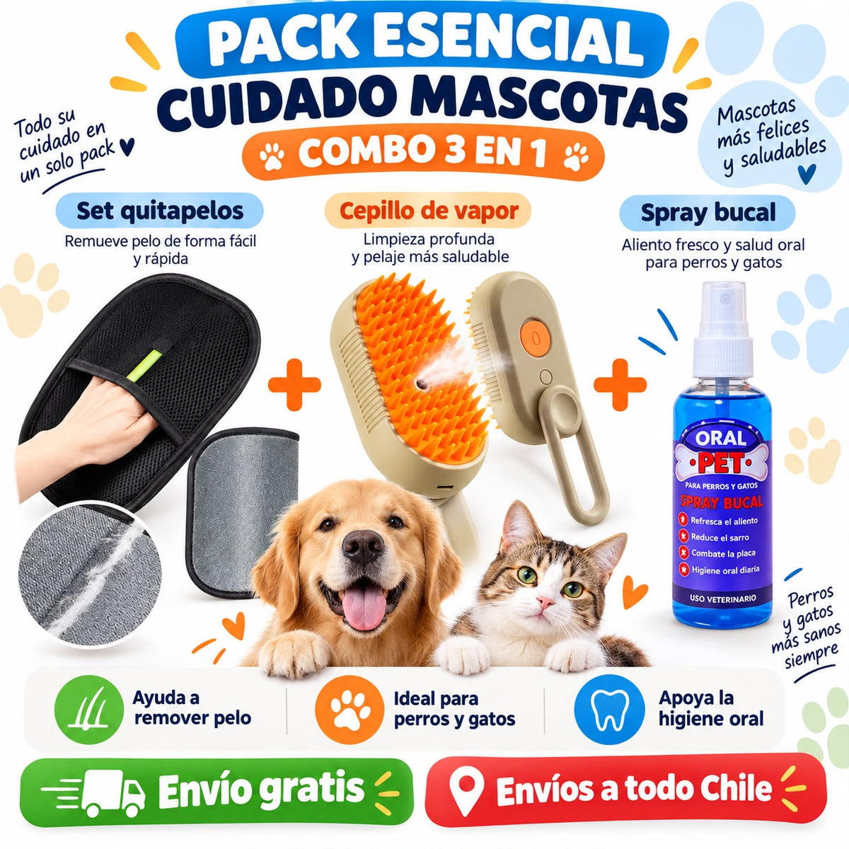 Pack Cuidado Mascotas 3 en 1 | Cepillo de Vapor + Quitapelos + Spray Bucal