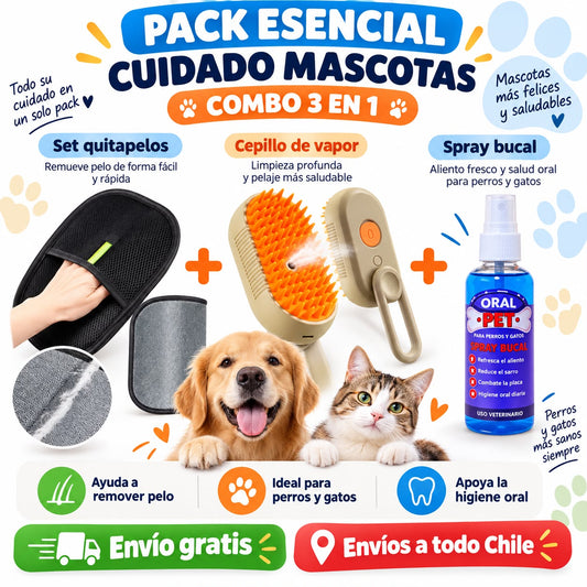 Pack Cuidado Mascotas 3 en 1 | Cepillo de Vapor + Quitapelos + Spray Bucal