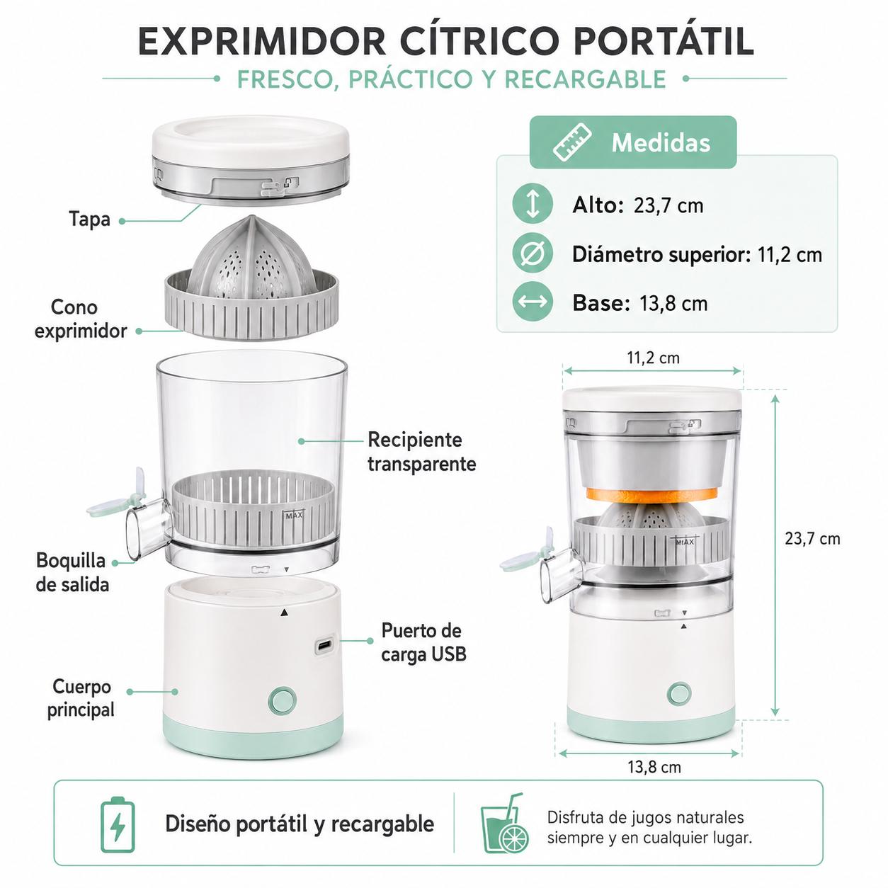 Exprimidor Eléctrico Inalámbrico para Cítricos